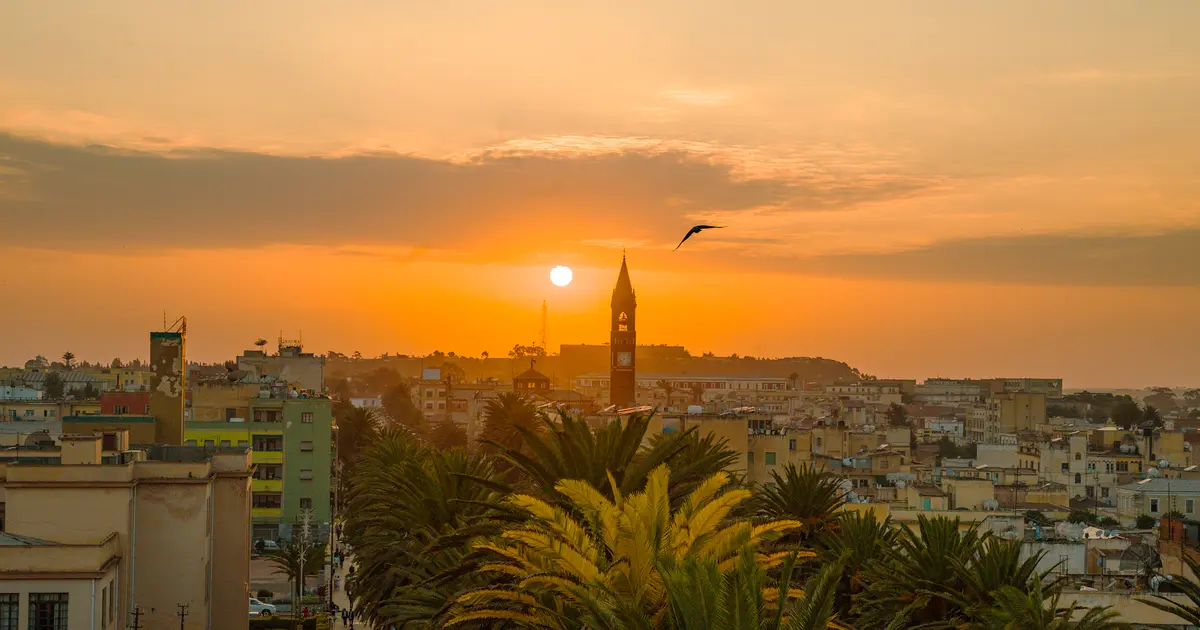 Rencontre en Érythrée : coucher de soleil sur Asmara, ses palmiers et le clocher de la cathédrale