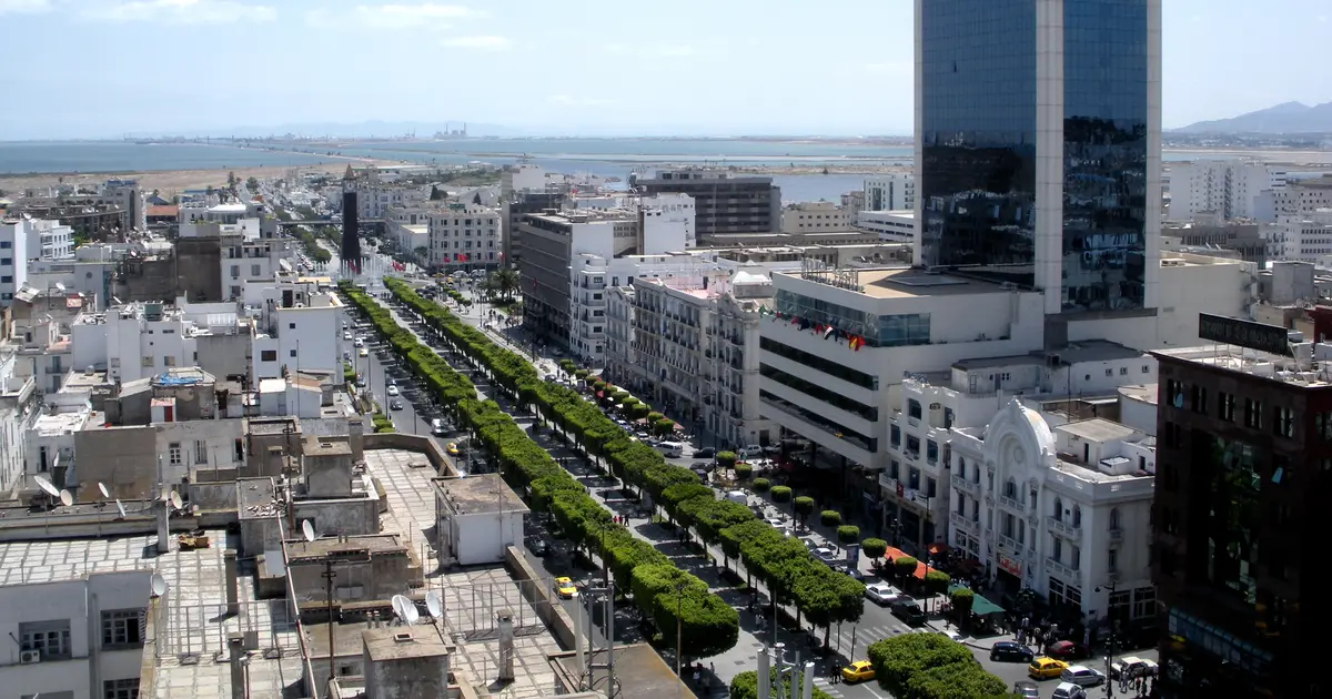 Rencontre à Tunis : l'avenue Habib-Bourguiba vue d'en haut, avec le lac de Tunis à l'horizon