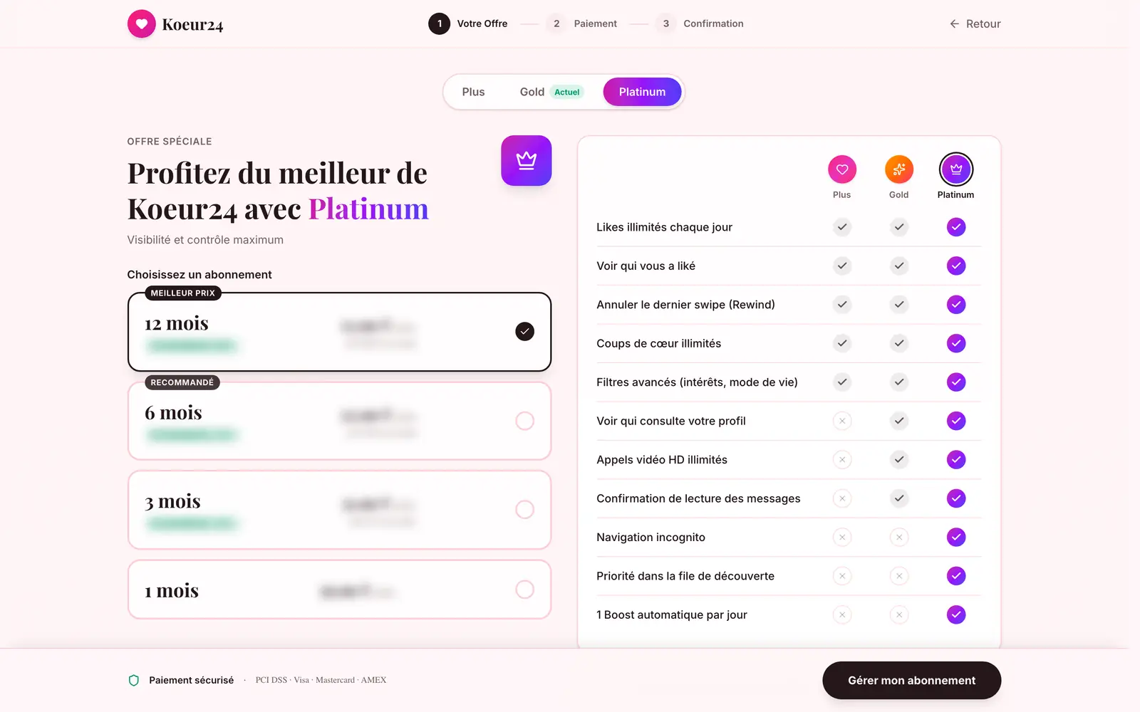 Page Premium d’un abonné : formule actuelle, bouton Gérer mon abonnement et accès aux factures.