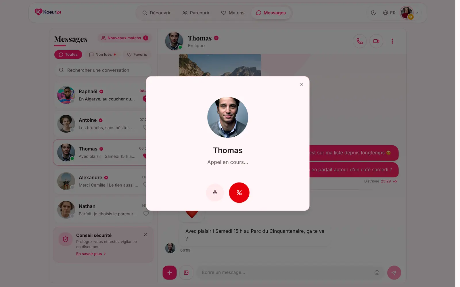En-tête d’une conversation Koeur24 avec les boutons Appel audio et Appel vidéo.