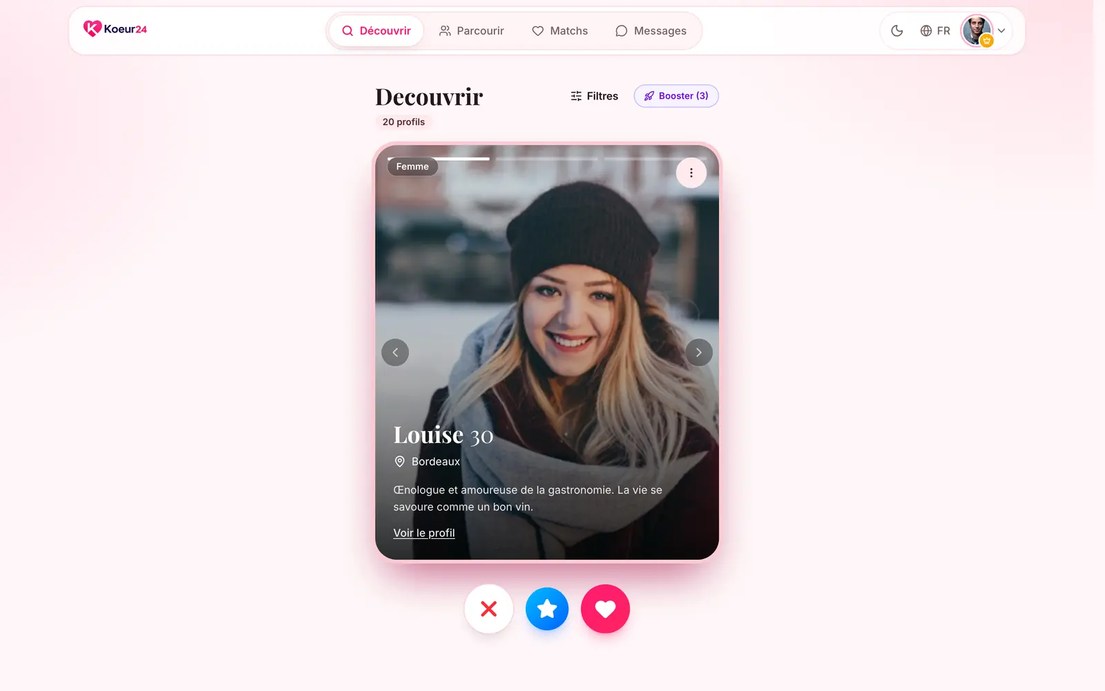 Page Découvrir avec le bouton Booster et le nombre de crédits de Boost disponibles.
