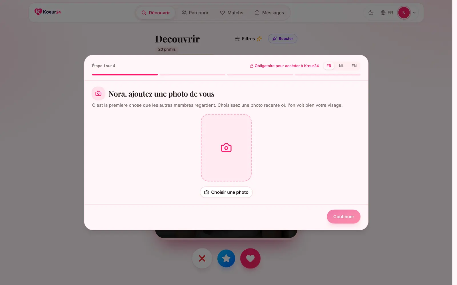 Fenêtre de complétion du profil Koeur24 à l’étape de la photo, marquée Obligatoire.