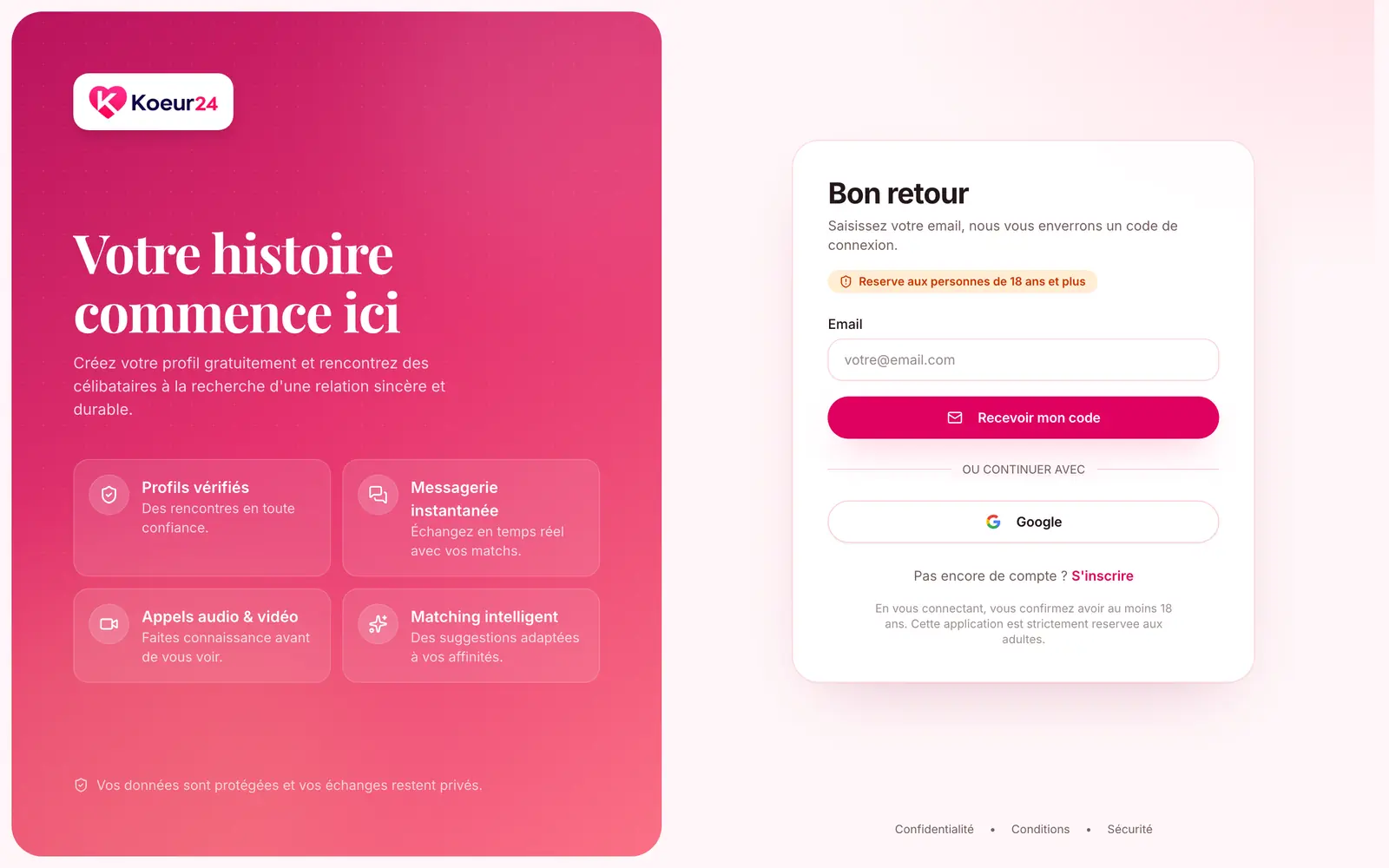 Écran de connexion Koeur24 : champ e-mail, bouton Recevoir mon code et bouton Google.
