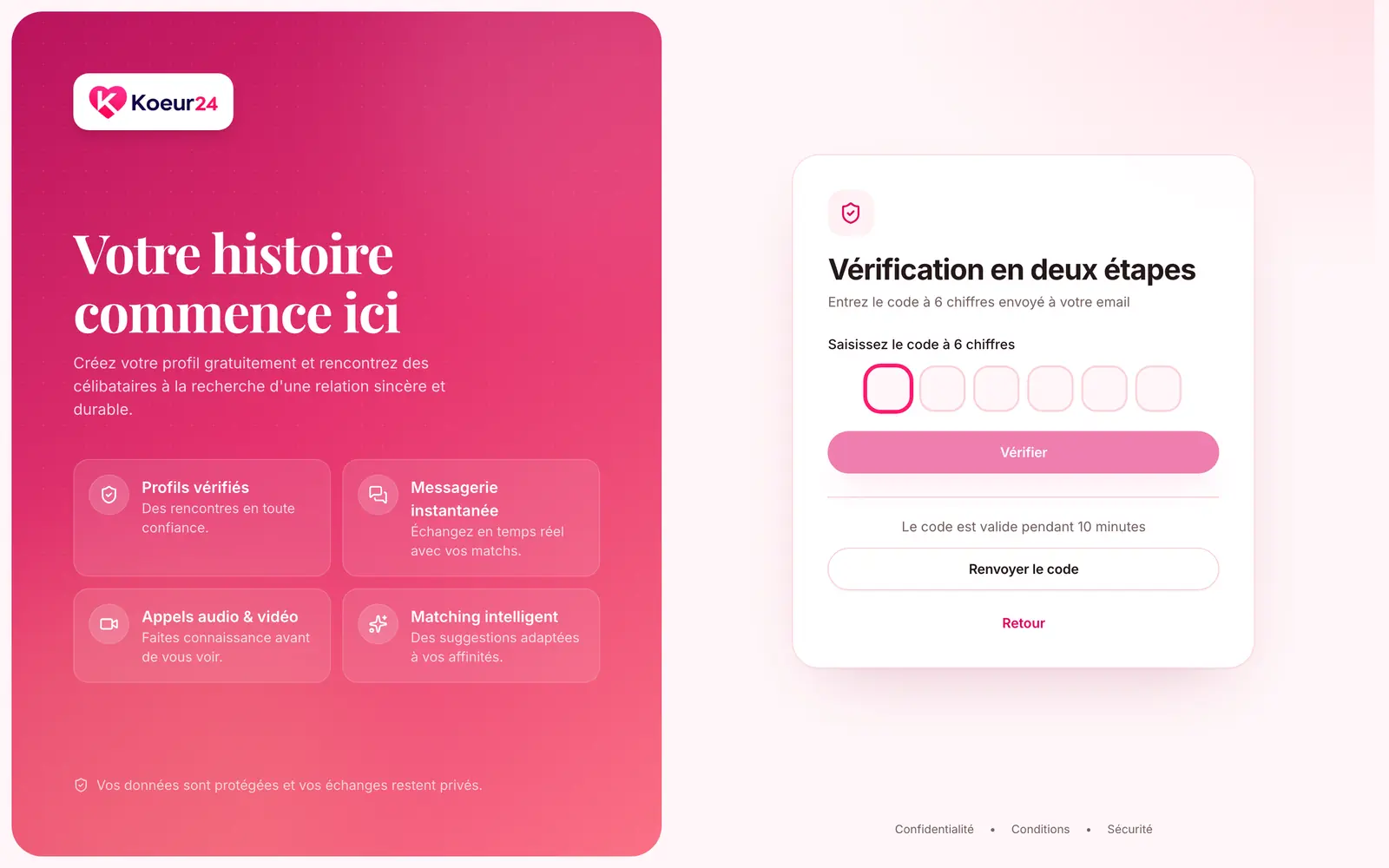 Écran de saisie du code de connexion à six chiffres, avec les boutons Vérifier et Renvoyer le code.