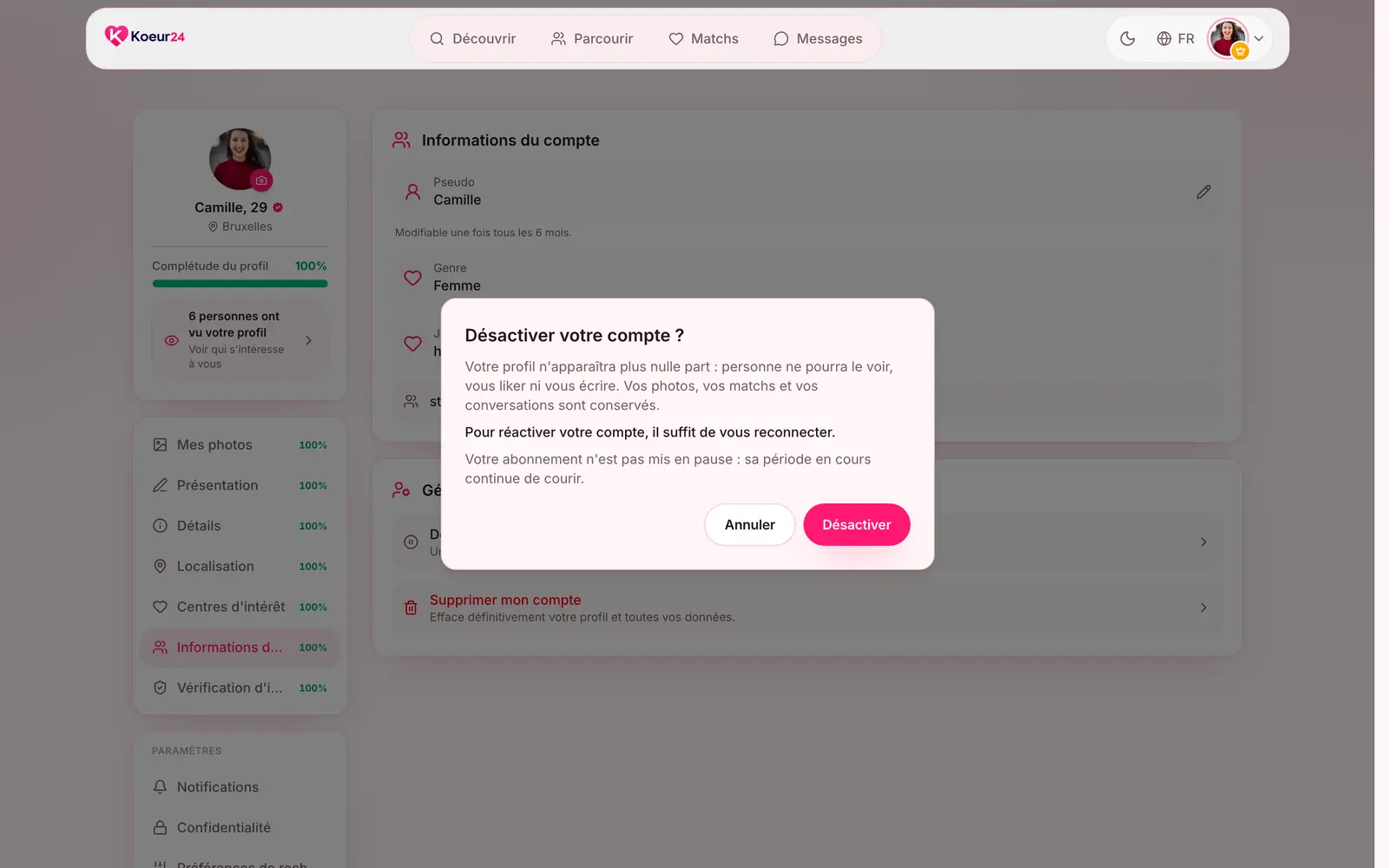 Fenêtre Désactiver votre compte avec l’explication de la pause et le bouton Désactiver.