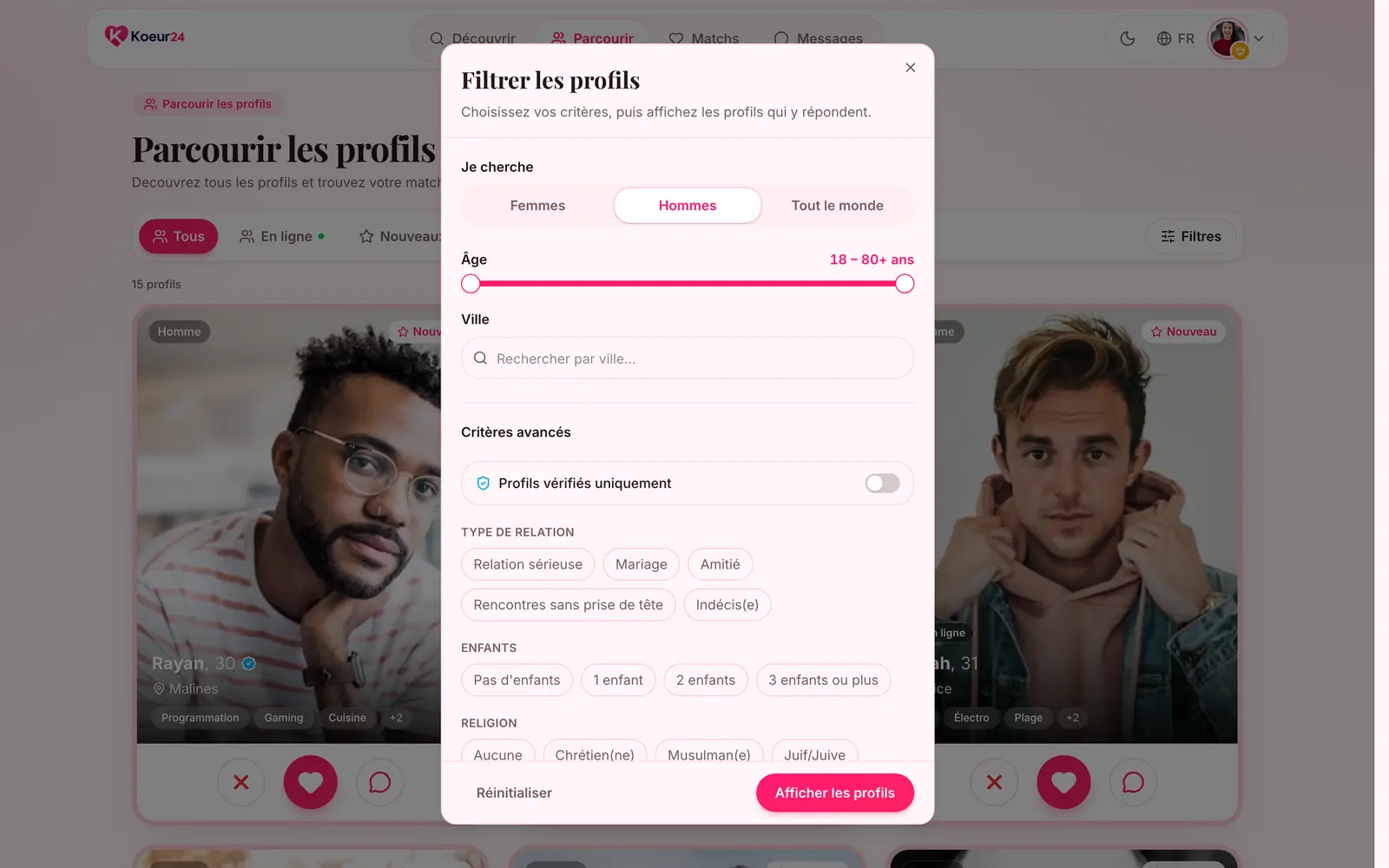 Fenêtre Filtrer les profils : genre, âge, ville et critères avancés.
