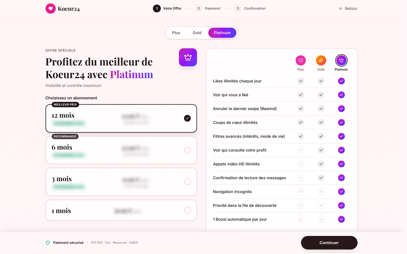 Page Premium de Koeur24 : choix de la formule et des durées d’abonnement.