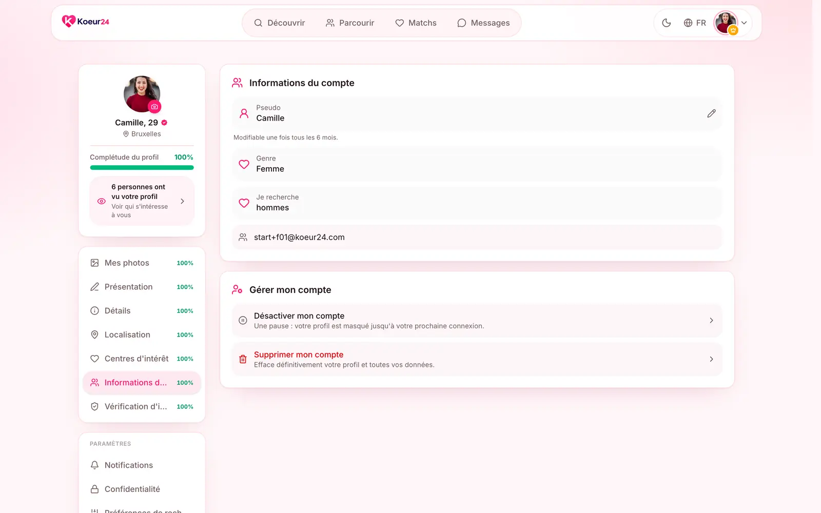 Onglet Informations du compte avec la carte Gérer mon compte : Désactiver mon compte et Supprimer mon compte.