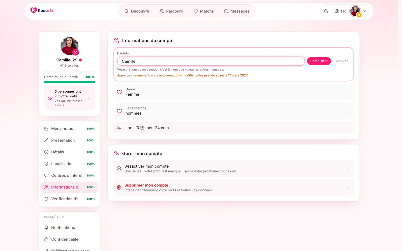 Onglet Informations du compte : pseudo, genre, je recherche et adresse e-mail.