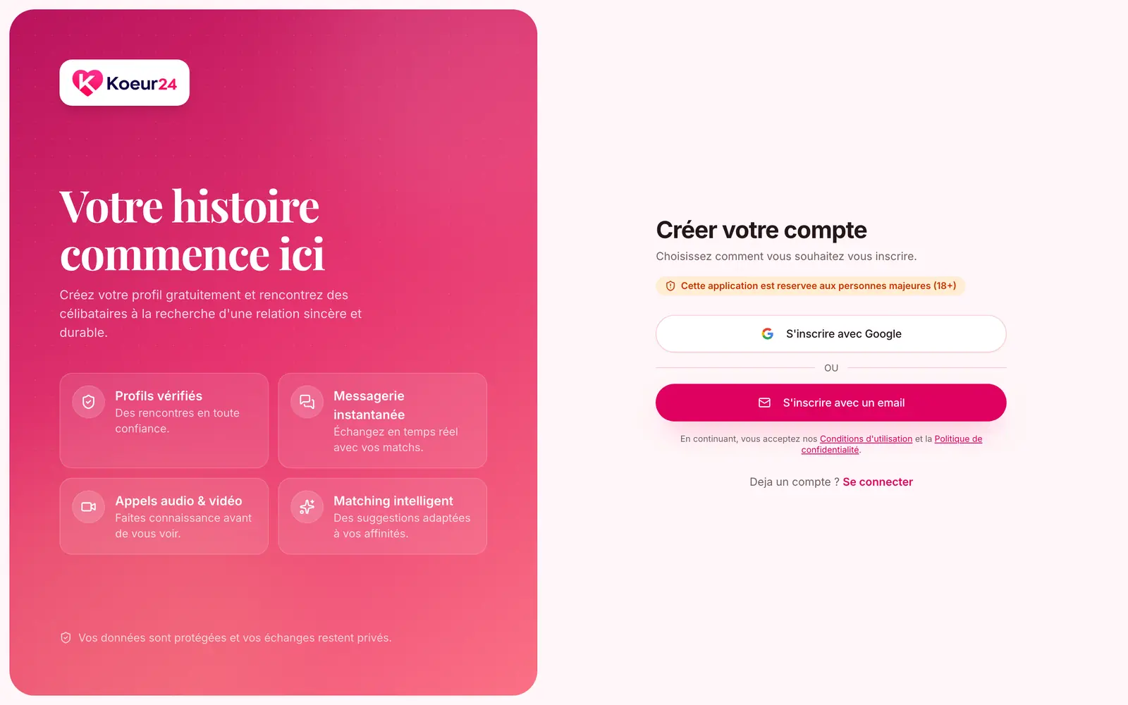 Écran Créer votre compte de Koeur24 avec les boutons S’inscrire avec Google et S’inscrire avec un email.