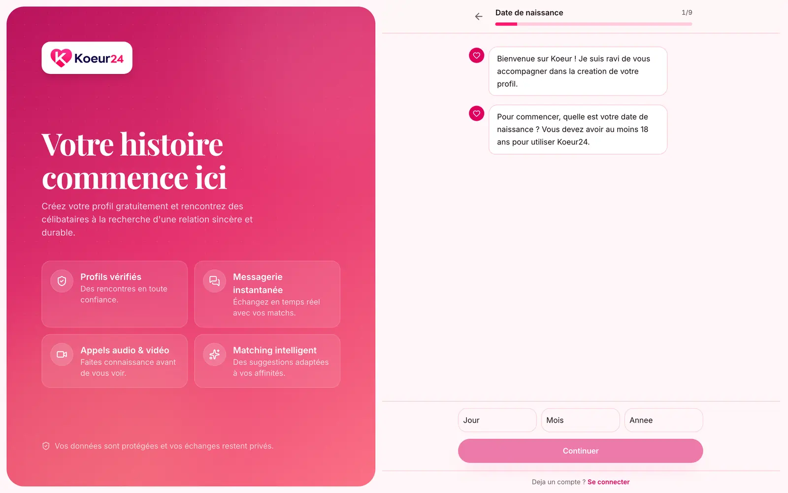 Première étape de l’inscription par e-mail : la date de naissance, présentée comme une conversation.