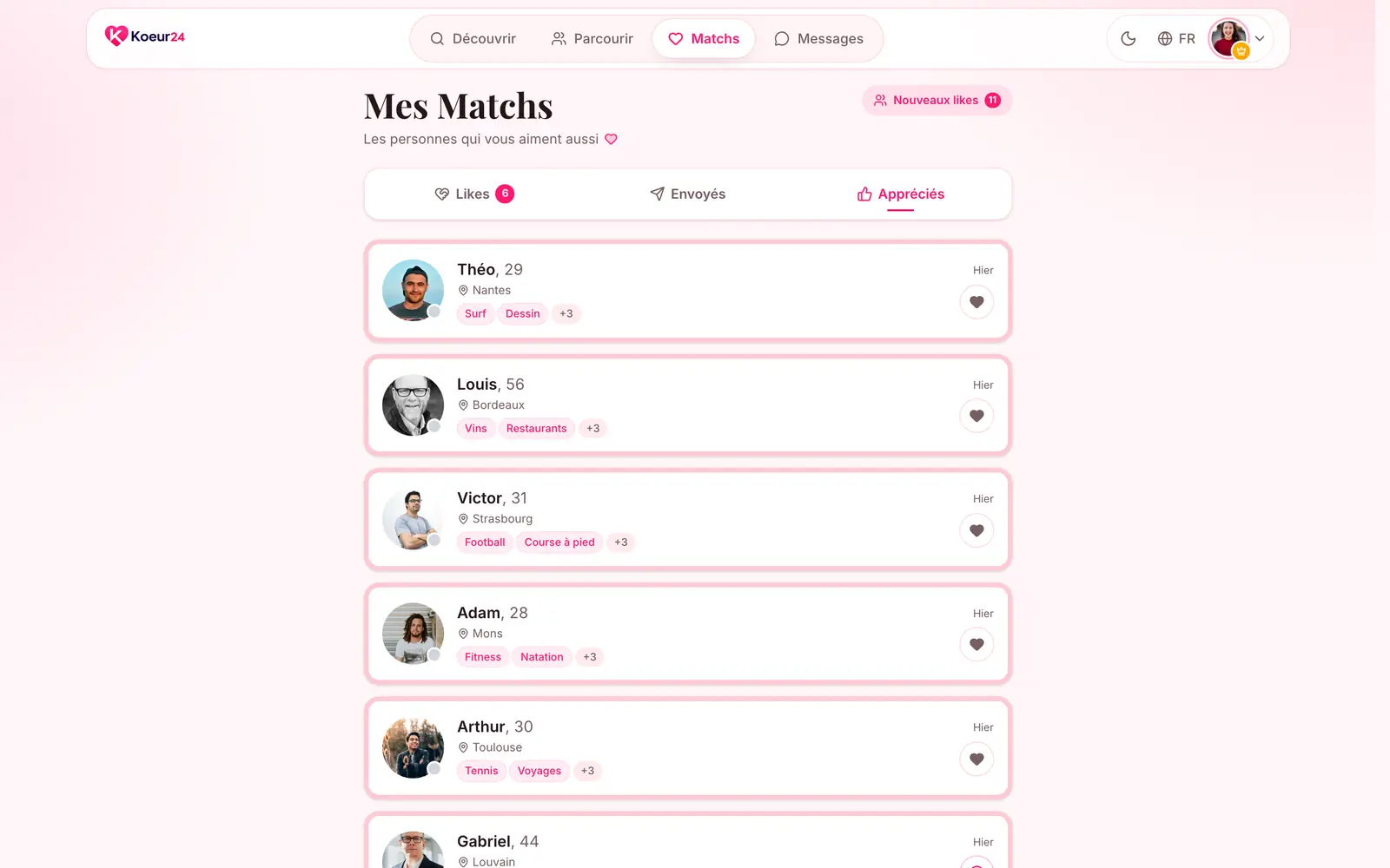 Onglet Appréciés de la page Matchs : les profils des membres qui vous ont liké.
