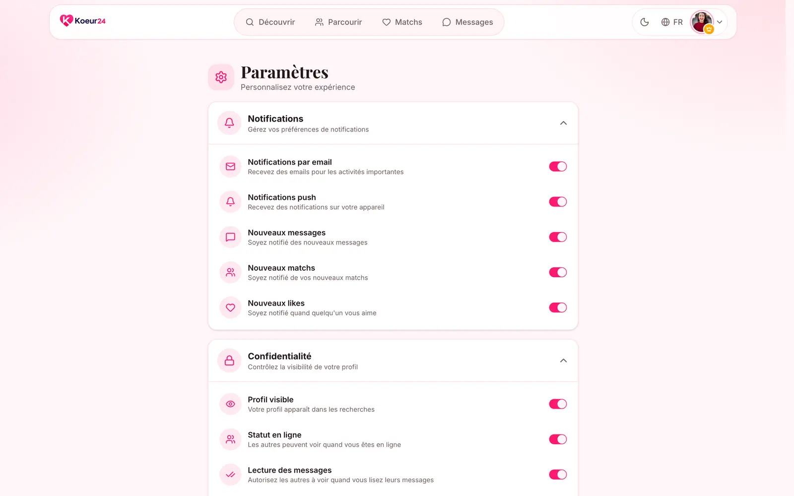 Page Paramètres de Koeur24 : notifications et confidentialité avec leurs interrupteurs.