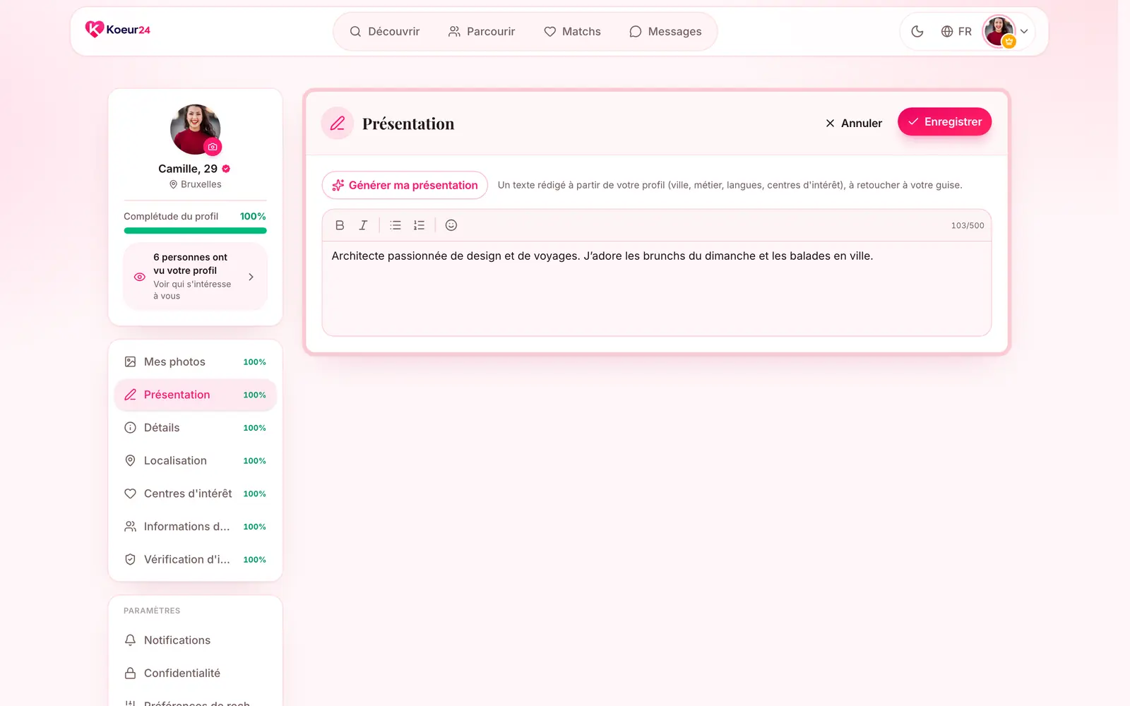 Onglet Présentation du profil Koeur24 avec le texte de la bio et le bouton Générer ma présentation.