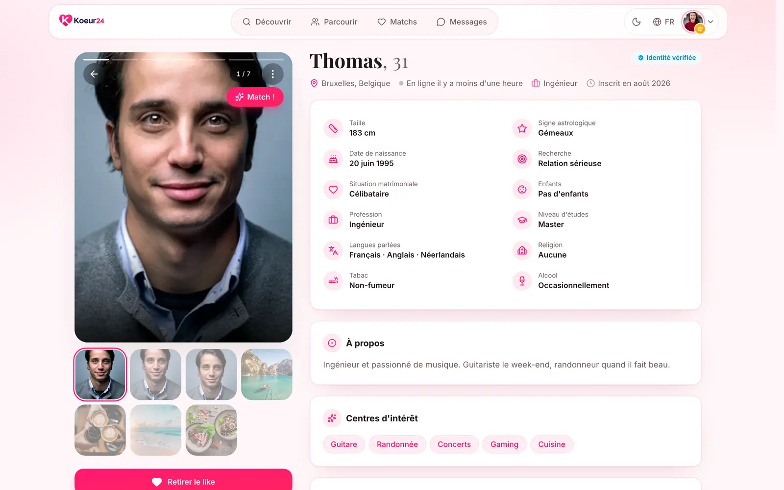 Fiche d’un membre sur Koeur24 : photos, présentation, détails et bouton Envoyer un message.