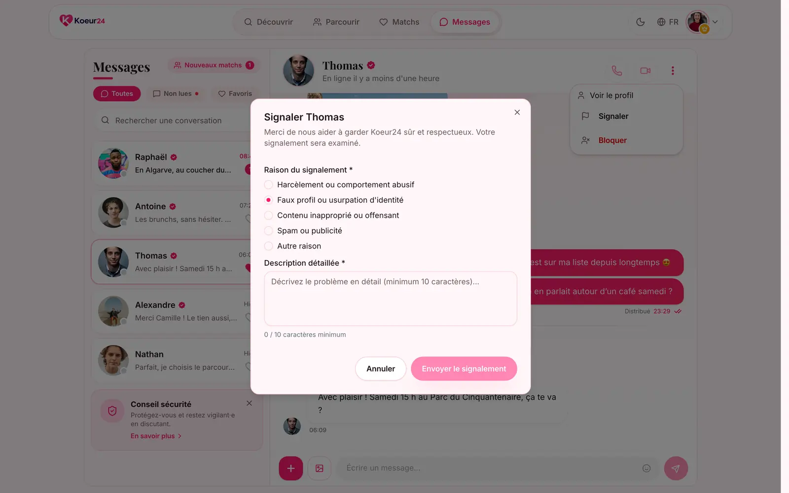 Fenêtre Signaler un membre avec la liste des raisons et le champ de description.