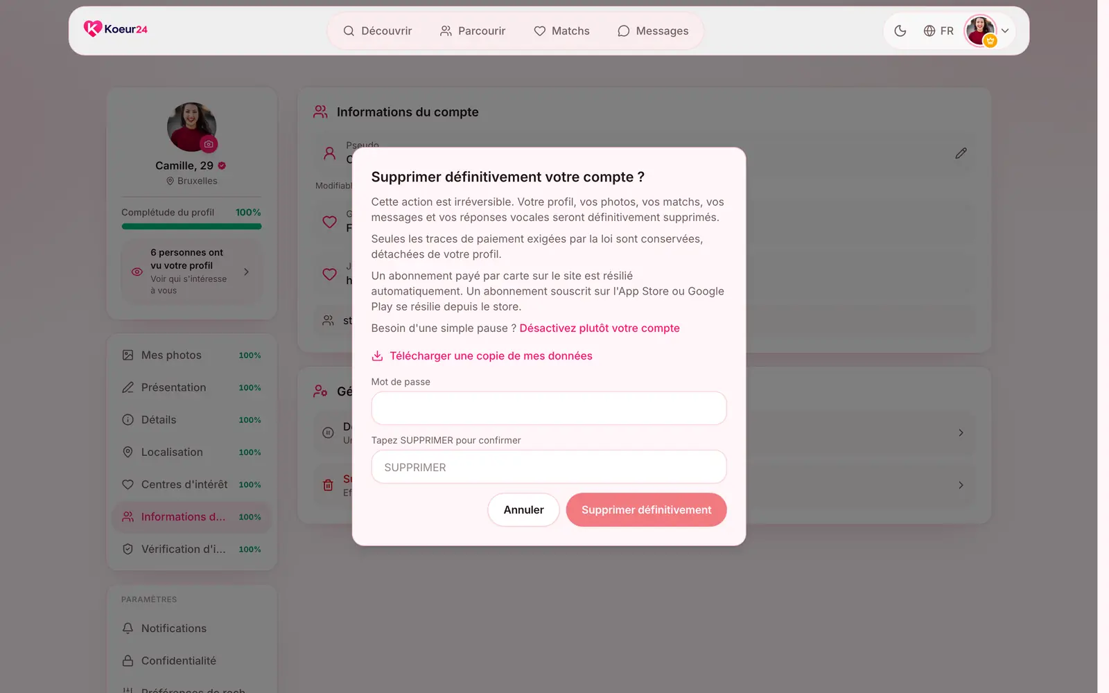 Fenêtre Supprimer définitivement votre compte : lien de téléchargement des données, mot de passe et champ SUPPRIMER.