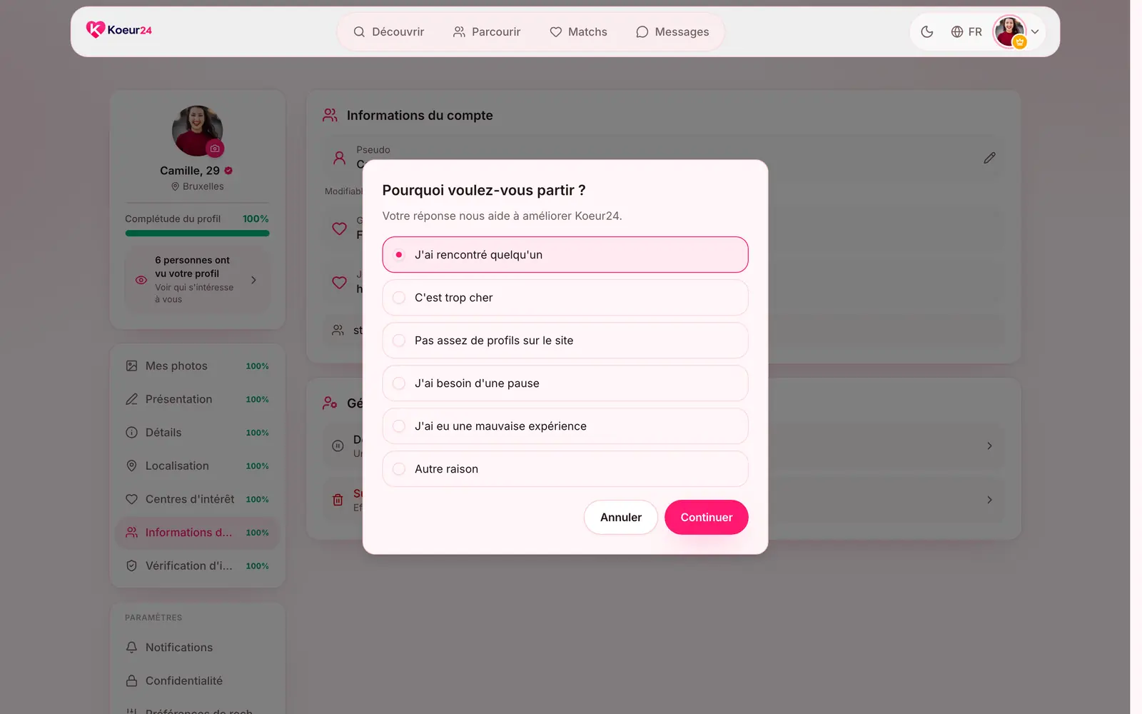 Fenêtre Pourquoi voulez-vous partir avec la liste des raisons et le bouton Continuer.