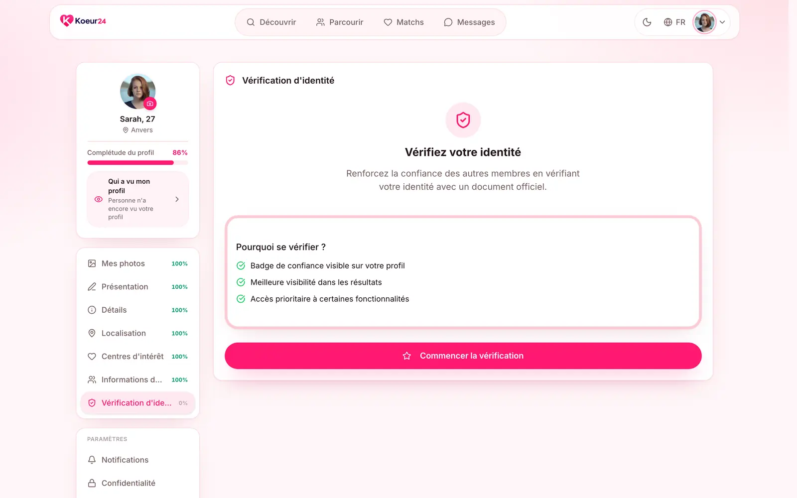 Section Vérification d’identité d’un profil non vérifié, avec le bouton Commencer la vérification.