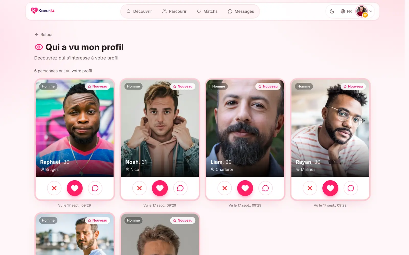 Page Qui a vu mon profil d’un abonné : liste des visiteurs avec photo et date de visite.